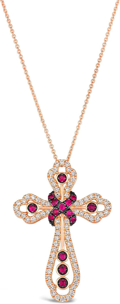 1/2 Carat Diamond and 1/4 Carat Red Ruby Cross Pendant Necklace for Women in 14K Rose Gold (G-H, VS2-SI1, Cttw) on 20 Inch Long Chain with Lobster Claw Clasp - WORLD TIME VISITS