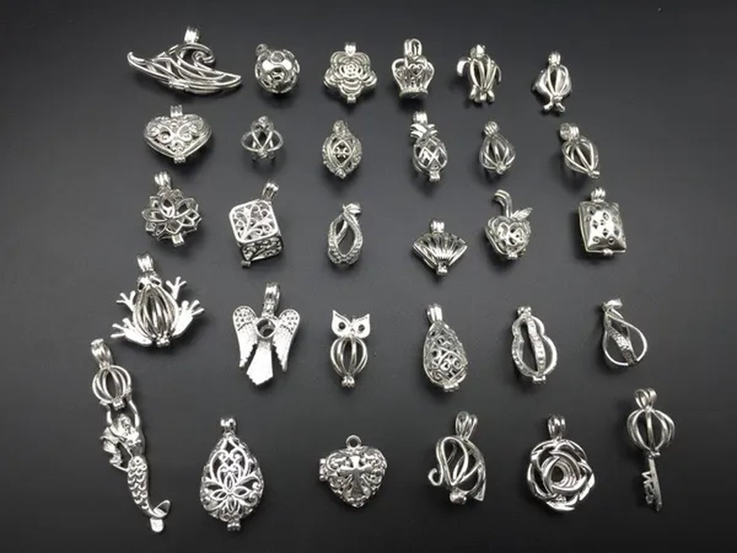 Random 10Pcs Silver Mixed Design Necklace Bracelet Jewelry Made Pearl Pearl Cage Oil Diffuser Pendant.