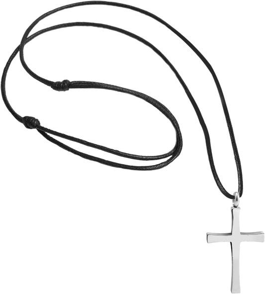 Stainless Steel Cross Necklace for Men - Cross Pendant with 18 Inch Adjustable Black Rope Cord - Mens Cross Necklaces - WORLD TIME VISITS