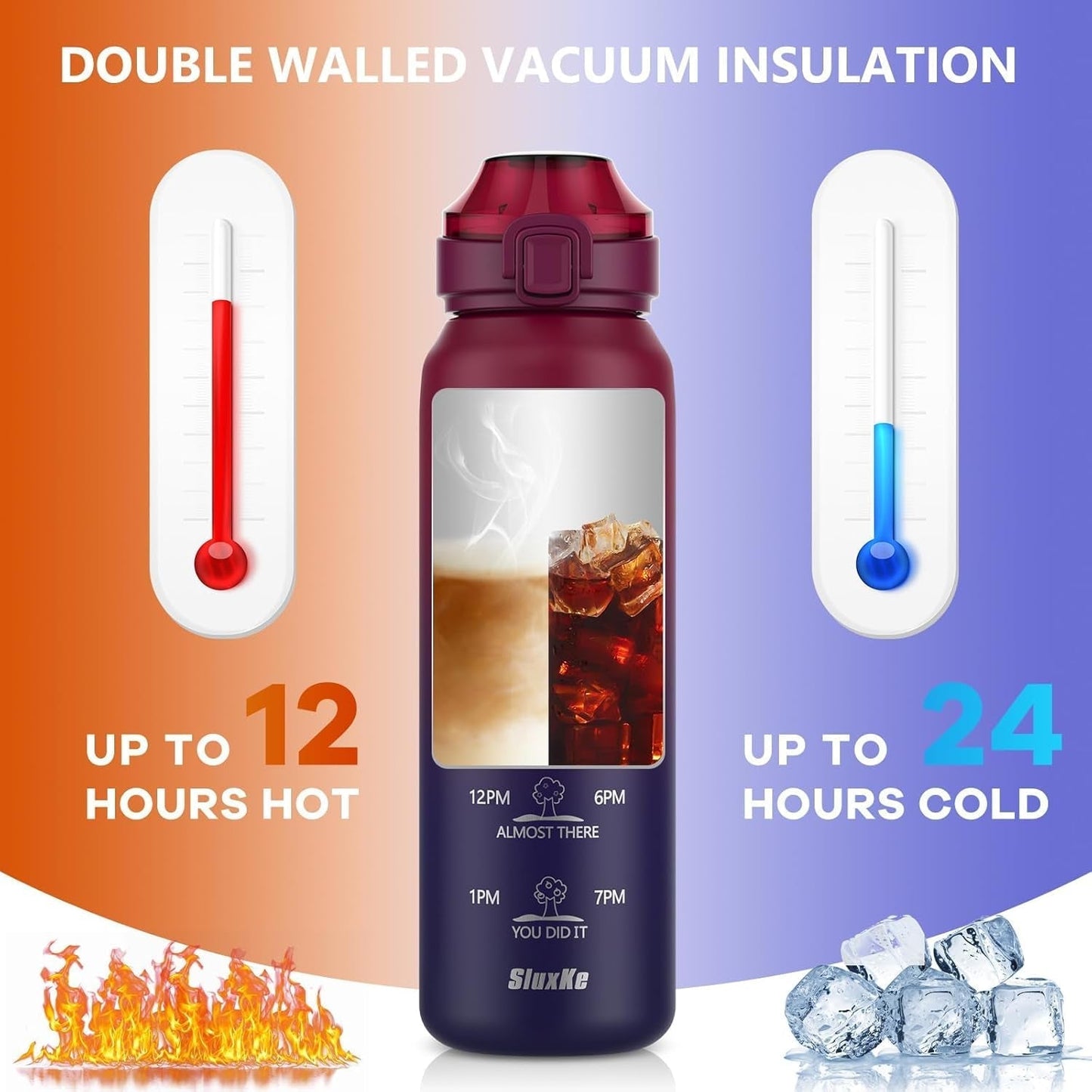 Insulated Water Bottle 32Oz with 2Lids,18/10 Stainless Steel 1000Ml Insulated Water Bottle Double Walled with Handle, Metal Canteen Keep Cold 48H Hot 24H for Men, Women & Kids