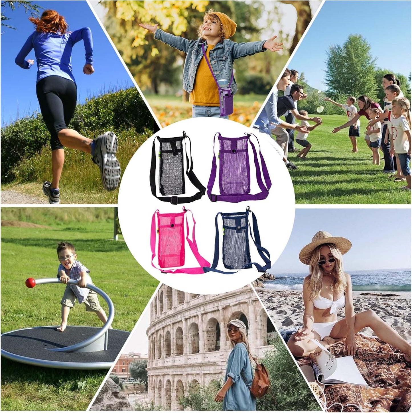 2 Pack Portable Water Bottle Bag with Adjustable Shoulder Strap - Foldable Lightweight Beach Water Bottle Sling Bag for Sports Gym Hiking Camping Walking