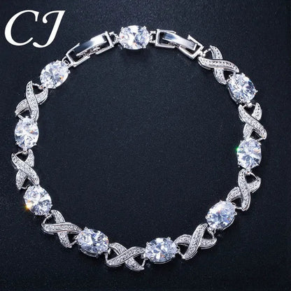 CANDICE Trendy White Gold Plated X Design Tennis Bracelet Pave CZ Connect Oval Multicolor Crystals Stylish Bangle Jewelry for Women Banquet Party Accessories