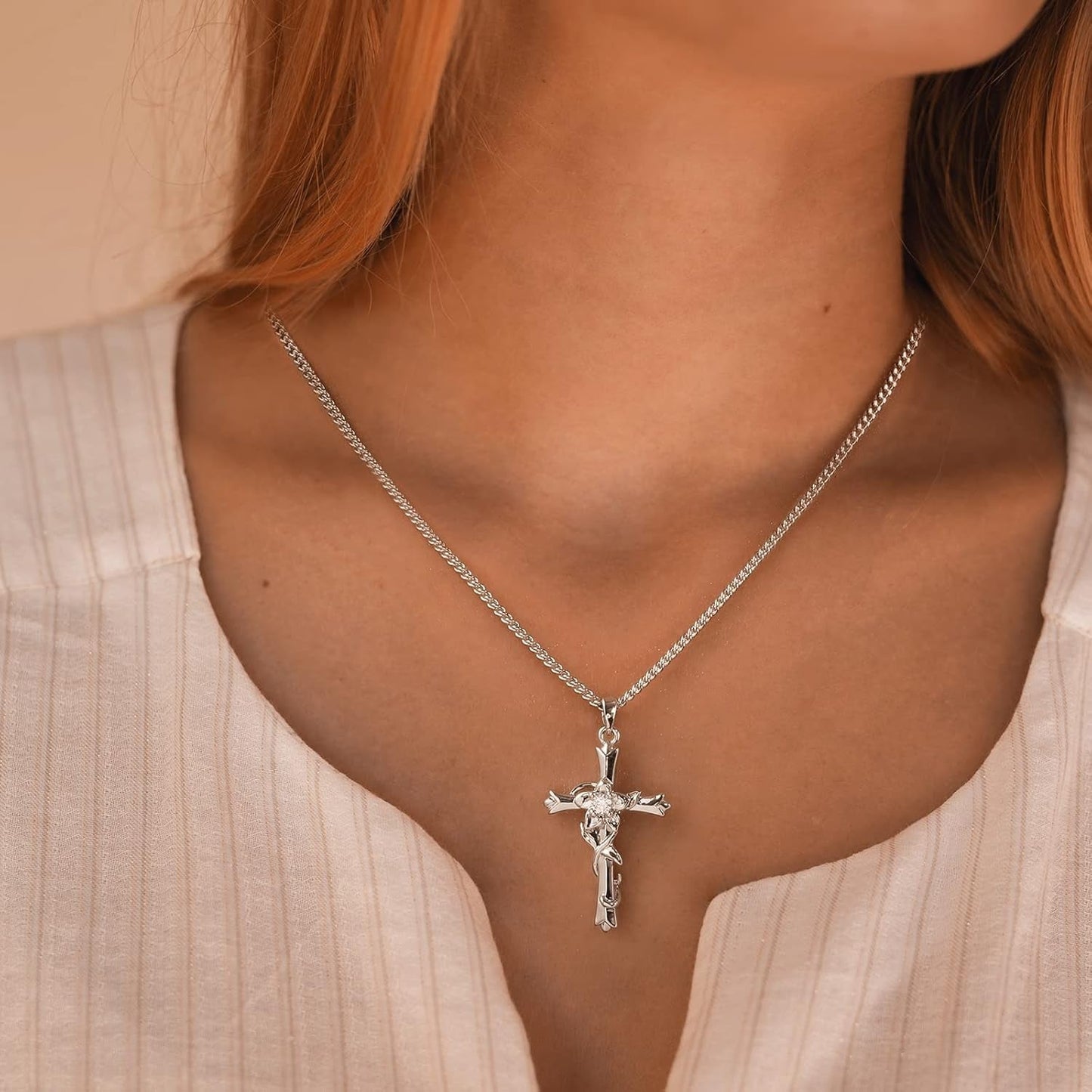 Cross Necklace for Women | Silver Faith Birthstone Cross Pendant with Birth Flower Jewelry Gifts for Teen Wife Women for Birthday Anniversary