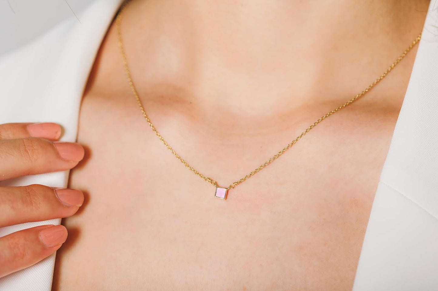 Natural Pink Opal Necklace for Women - Authentic 925 Sterling Silver 18K Gold Jewelry, Dainty Minimalist Square Pink Opal Pendant Necklace for Teen Girls, October Birthstone Gift for Mothers Day