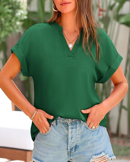 Womens Summer Tops 2025 V Neck Short Sleeve Tshirt Loose Flowy Tunics Solid Color Dressy Casual Blouse Shirts