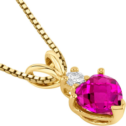 14K Yellow Gold Created Ruby with Genuine Diamond Pendant for Women, Heart Shape Solitaire, 6Mm, 1 Carat Total