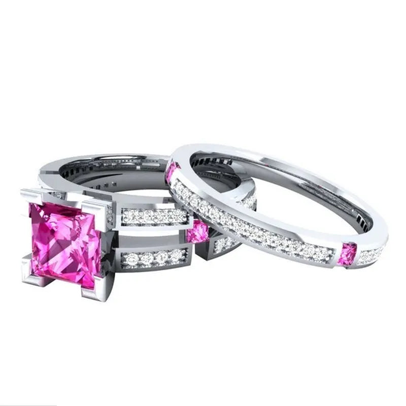 HOT 2 PC Silver Plated Pink Sapphire & Lab Diamond Wedding Ring US Size 6 7 8 9 10
