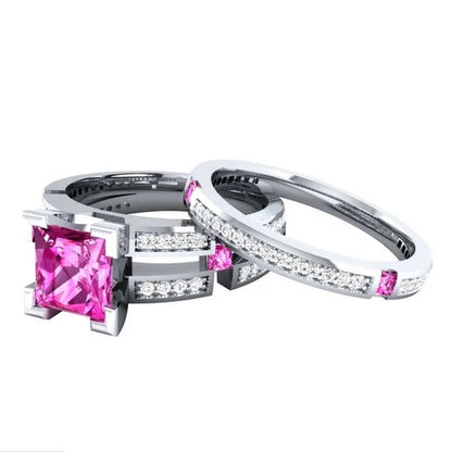 HOT 2 PC Silver Plated Pink Sapphire & Lab Diamond Wedding Ring US Size 6 7 8 9 10