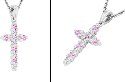 Alternate round Diamond or Gemstone Crucifix Cross Pendant for Ladies with 18 Inch Silver Chain, 925 Sterling Silver