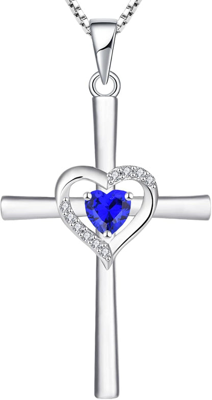 Heart Cross Necklace Sterling Silver Crucifix Pendant Gemstones Criss Jewelry for Women - WORLD TIME VISITS
