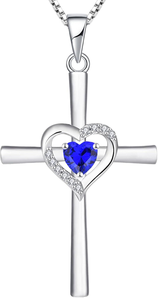 Heart Cross Necklace Sterling Silver Crucifix Pendant Gemstones Criss Jewelry for Women - WORLD TIME VISITS