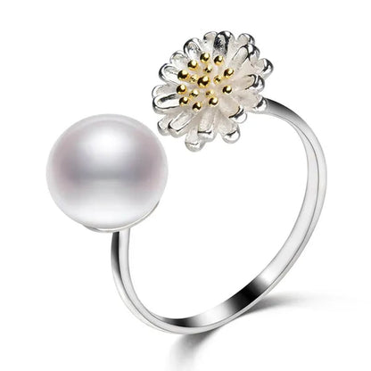 Flower Real 925 Sterling Silver with 8-9MM White Freshwater Pearl Rings for Women Fashion Jewelry Gifts
