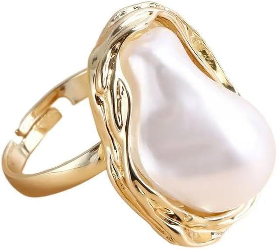 Baroque Pearl Ring for Women 14K Gold Adjustable Irregular Pearl Rings for Woman Trendy Stacking Irregular Pearl Finger Ring for Wedding Party