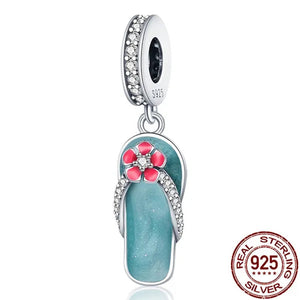 Stylish S925 Sterling Silver Blue Flip Flops With Red Flower Charm Fit Bracelet & Necklace DIY Jewelry