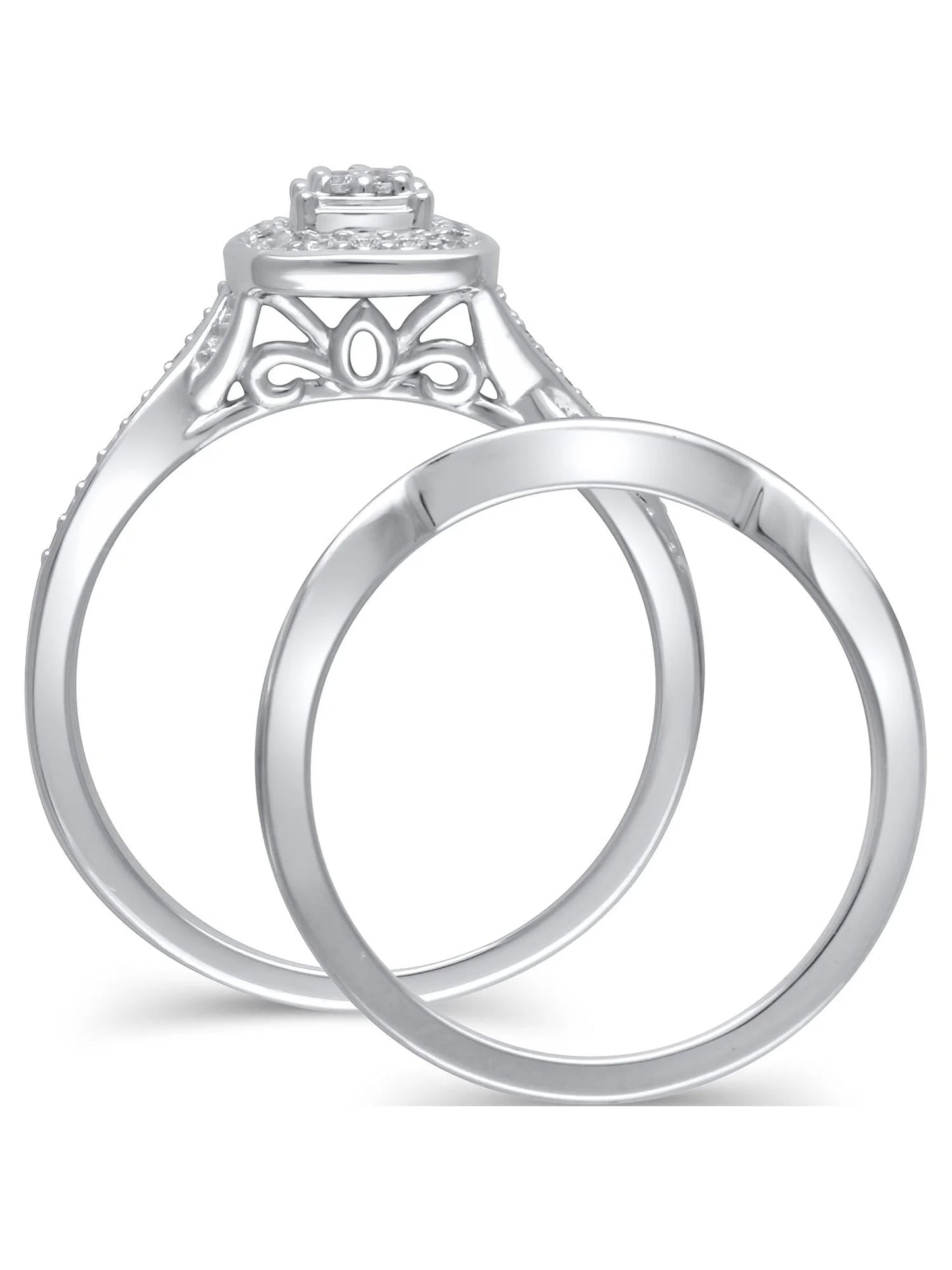 1/5 Carat T.W. (I3 Clarity, I-J Color)  Cushion Shaped Halo Diamond Composite Bridal Set in Sterling Silver, Size 7