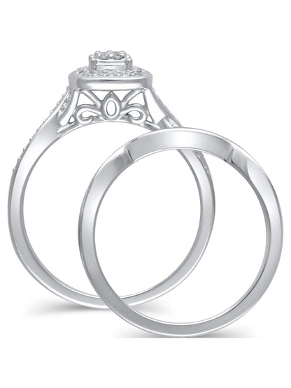 1/5 Carat T.W. (I3 Clarity, I-J Color)  Cushion Shaped Halo Diamond Composite Bridal Set in Sterling Silver, Size 7