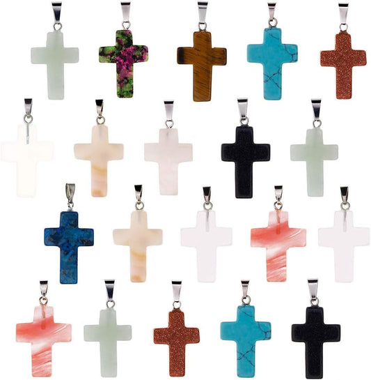 Wholesale 20 Pieces Cross Shape Stone Pendants Chakra Beads Crystal Quartz Healing Charms for DIY Necklace Jewelry Making, Assorted Color - WORLD TIME VISITS