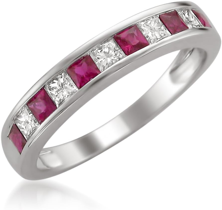 1/2 Carat Princess Cut Diamond Wedding Band, 14K Gold Channel Set (H-I, I1-I2) Natural Diamond for Women, Gift Box Included (Ruby & Blue Sapphire, White & Yellow Gold)