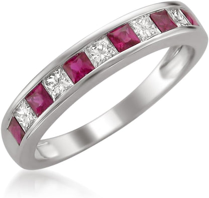 1/2 Carat Princess Cut Diamond Wedding Band, 14K Gold Channel Set (H-I, I1-I2) Natural Diamond for Women, Gift Box Included (Ruby & Blue Sapphire, White & Yellow Gold)