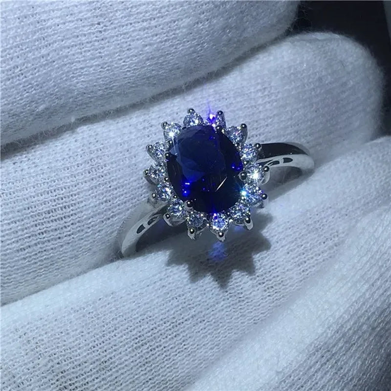Exquisite Luxury Silver Plated Blue Cubic Zirconia Ring Engagement Wedding Band Rings for Women Bridal Anniversary Gift Jewelry