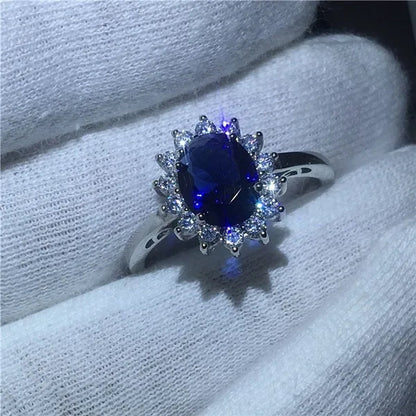 Exquisite Luxury Silver Plated Blue Cubic Zirconia Ring Engagement Wedding Band Rings for Women Bridal Anniversary Gift Jewelry