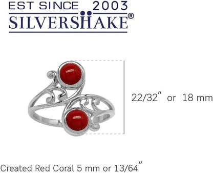 5Mm Created round Shape Red Coral 925 Sterling Silver Leaf and Swirl Style Bypass Ring Size 8 - WORLD TIME VISITS