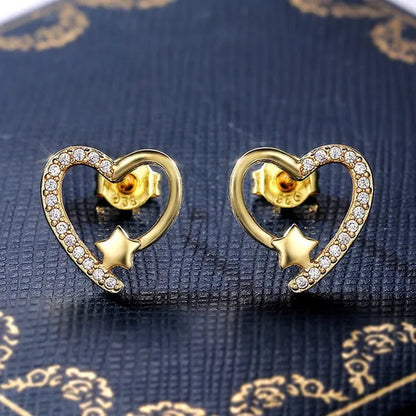 14K Gold Love Heart Star White Zircon Stud Earrings for Women Wedding Engagement Bride Jewelry Gift