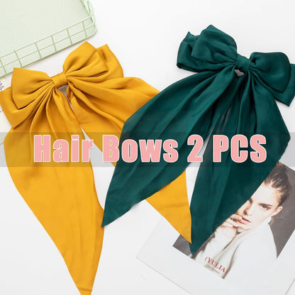 Hair Bows 2 PCS, Hair Bows for Women, Oversized Long-Tail Cute Aesthetic Hair Accessories, Large Hair Barrettes for Women, Big Bows for Girls (Dark Green, Bright Yellow)