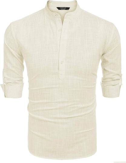 Men'S Cotton Linen Henley T-Shirts Long Sleeve Hippie Casual Beach T-Shirts