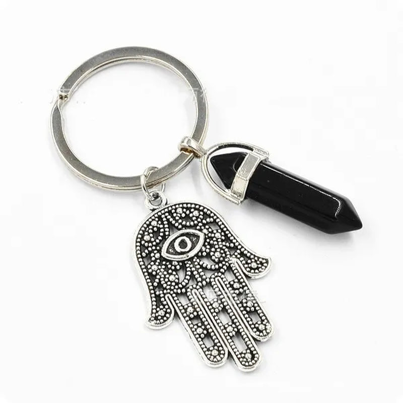 1Pcs Natural Quartz Crystal Point Chakra Healing Stone Gem Stone Pendant Keyring Key Chain Ring Family Gifts