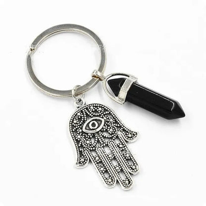 1Pcs Natural Quartz Crystal Point Chakra Healing Stone Gem Stone Pendant Keyring Key Chain Ring Family Gifts