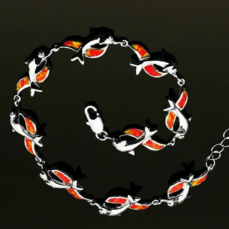 Womens Jewelry 925 Sterling Silver Dolphin Style Blue/red  Fire Opal Diamond Charm Chain Bracelet