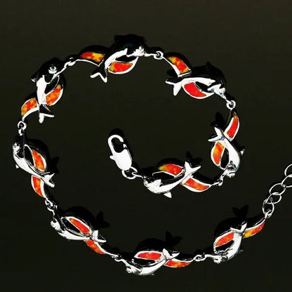 Womens Jewelry 925 Sterling Silver Dolphin Style Blue/red  Fire Opal Diamond Charm Chain Bracelet
