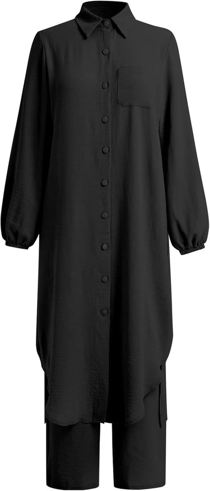 Prayer Clothes for Muslim Women 2 Piece Long Sleeve Button down Shirt Dress Wide Leg Pants Abaya Dress for Women Islamic Clothes Middle East Ramadan Muslim Dresses Eid Dresses for Women Black L