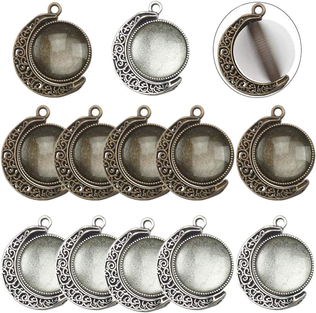 Moon Rotation Double Side Pendant Trays Kits in Box, 12 Pieces Pendant Tray with 24 Pieces Glass Cabochons Clear Dome 18Mm Blank, 2 Colors Bezels