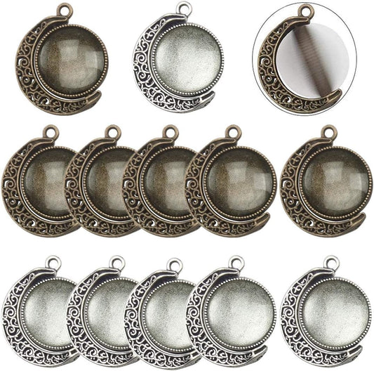 Moon Rotation Double Side Pendant Trays Kits in Box, 12 Pieces Pendant Tray with 24 Pieces Glass Cabochons Clear Dome 18Mm Blank, 2 Colors Bezels