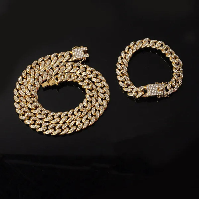 Men's Hip Hop Miami Necklace 24K Gold Plated 925 Silver 1/2PCS Necklace Bracelet Ice Sparkling Diamond Jewelry Cuban Link Chain 8/20/24/28inch