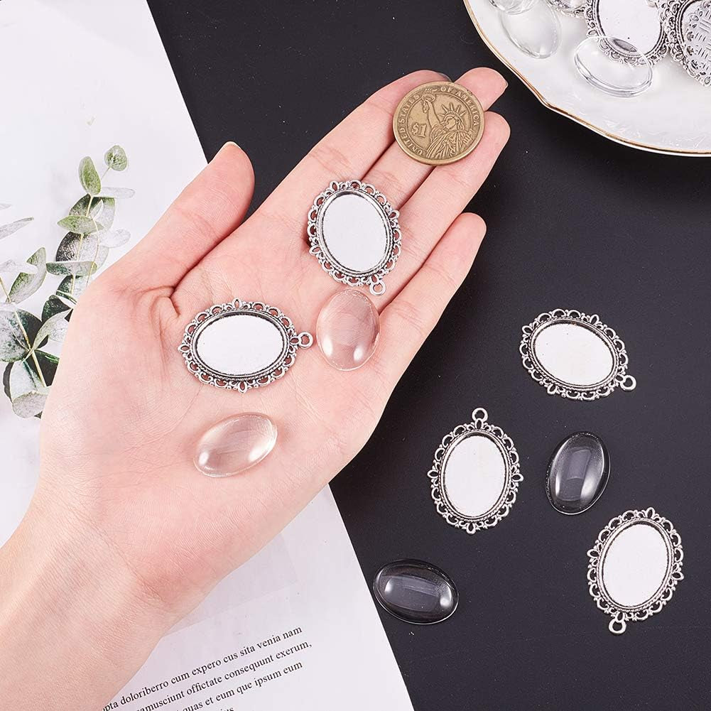 60Pcs Bezel Pendant Blanks Settings - 30Pcs Oval Pendant Trays Photo Charms with 30Pcs Glass Cabochons for Mom Bouquet Bridal Wedding Brides Graduation Charm Jewelry Making, 25X18Mm