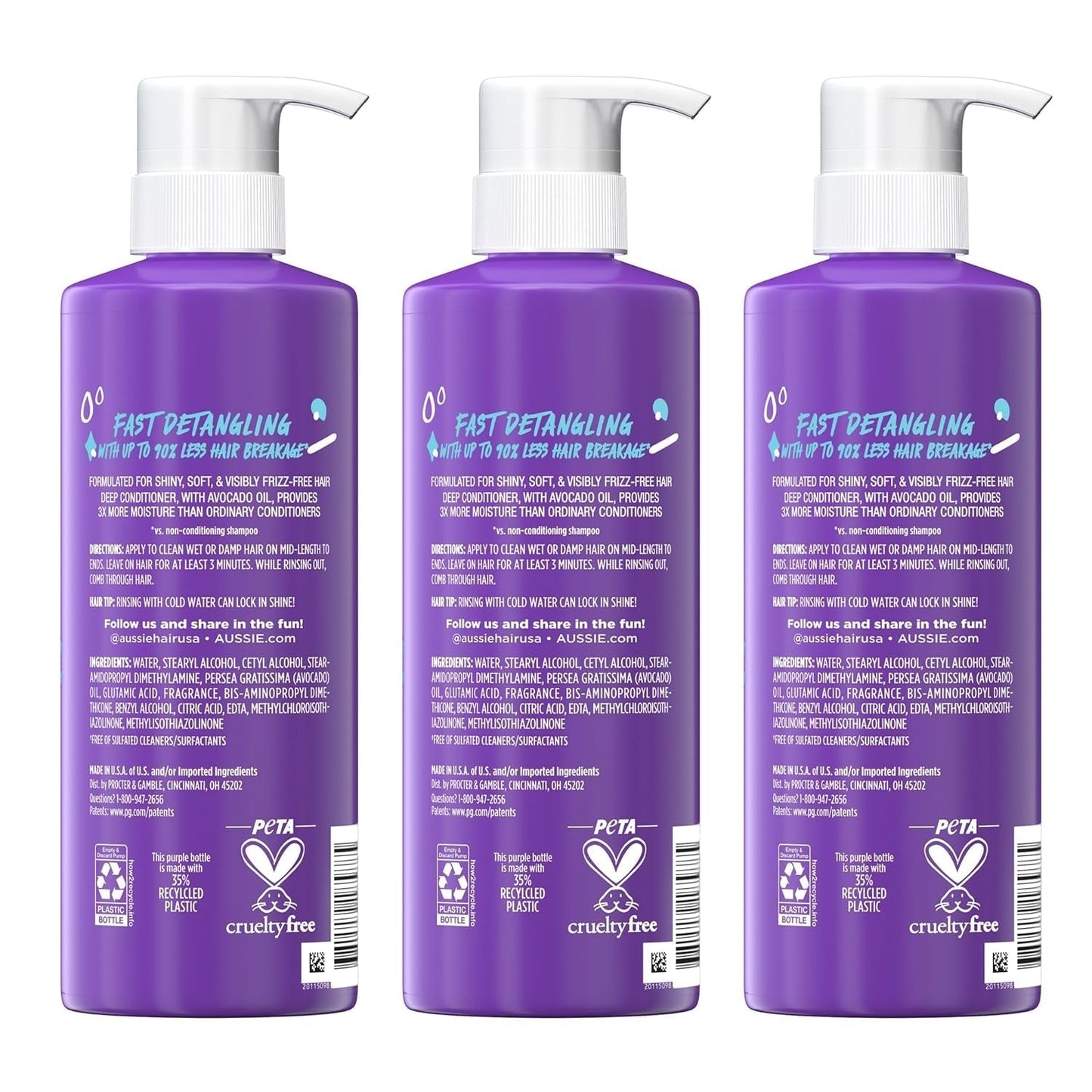 3 Minute Miracle Moist Deep Conditioner for Dry Hair, Avocado & Jojoba Oil, Safe for Color Treated Hair, Nourishing Hydration, Silky Shine, Paraben-Free, 16 Fl Oz Each, Triple Pack