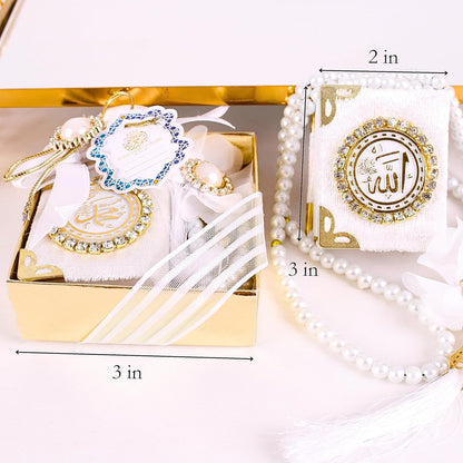 IEF Pack of 6 Wedding Gifts Quran, Eid Gifts, Birthday Gifts for Women, Mothers Day Gifts, Fathers Day Gifts, Anniversary Gift, Islamic Gifts Decorated Velvet Mini Quran Pearl Prayer Beads Set