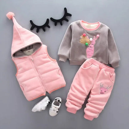 3Pcs/Set NEW Infant Baby Kids Cashmere and Thickening Winter Warm Cartoon Sika Deer Long Sleeved Hooded Coat Outerwear Jacket Pant Chidlren Outfits 3-Pieces Suit