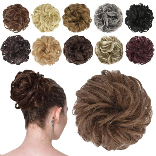 Messy Bun Hair Piece - Elastic Wavy Curly Hair Bun Scrunchies Extensions Synthetic Chignon Hairpieces for Women Girls, Light Golden Brown 1 PCS