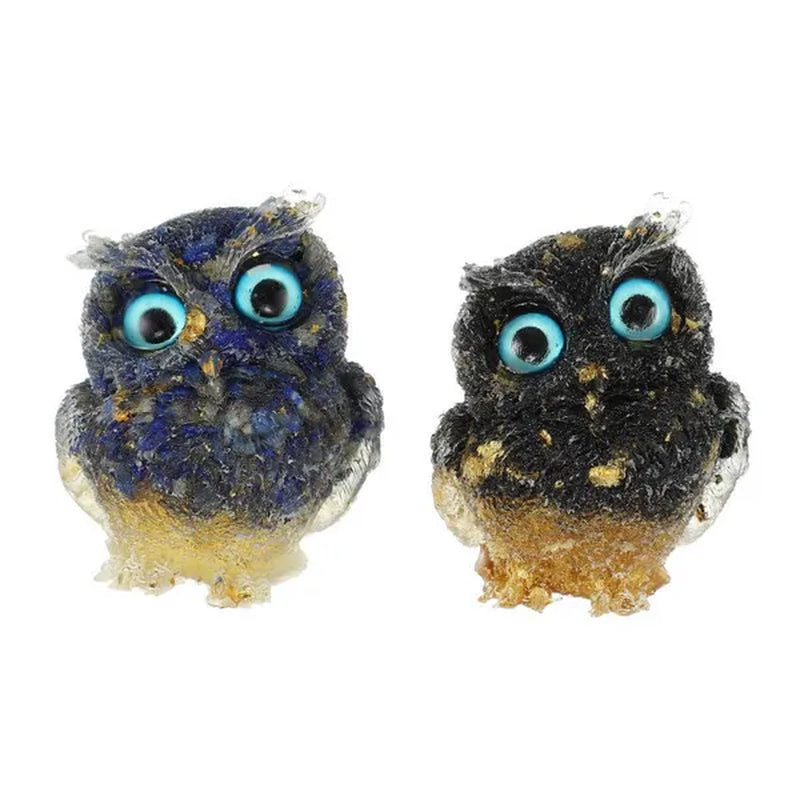 2" Owl Statue, Pack of 2, Resin Owl Shape Filled with Lapis Lazuli & Black Obsidian Crystal Gemstone Figurine, Healing Stone Home Decor, Christmas Gift