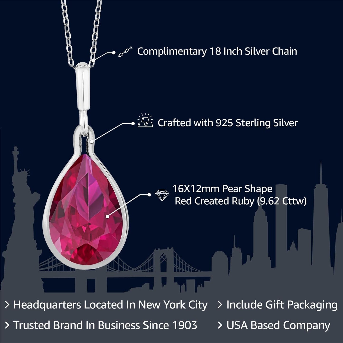 9.62 Cttw Red Created Ruby Pendant Necklace for Women in 925 Sterling Silver | Pear Shape 16X12MM | with 18 Inch Silver Chain - WORLD TIME VISITS