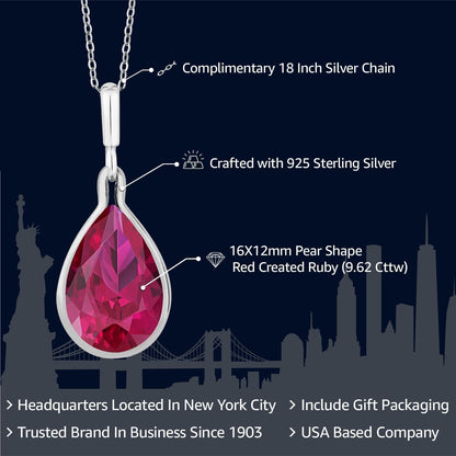 9.62 Cttw Red Created Ruby Pendant Necklace for Women in 925 Sterling Silver | Pear Shape 16X12MM | with 18 Inch Silver Chain - WORLD TIME VISITS