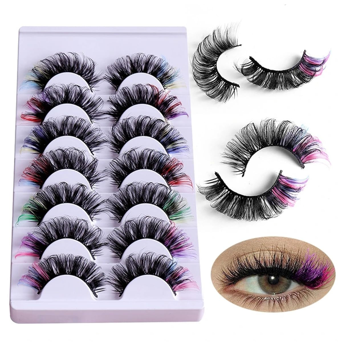 Colored Lashes 20Mm Strip False Eyelashes Kit with Color Fluffy 8D Thick Volume Lash Tint Curly Rainbow Fake Eye Lashes 7 Pairs Multi Pack