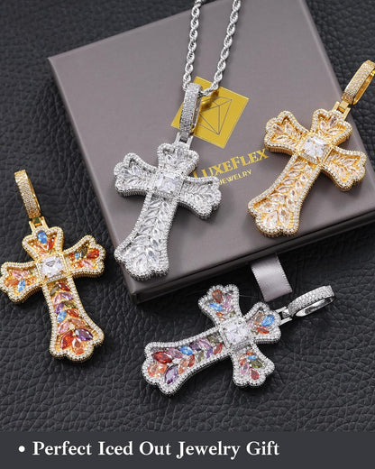 Gothic Colorful Iced Out Cross Pendant with 20" Stainless Steel Rope Chain, Heavyweight Oversized Design, 14K Gold Plated, 5A CZ Stones, Hip-Hop Religious Jewelry for Men & Women