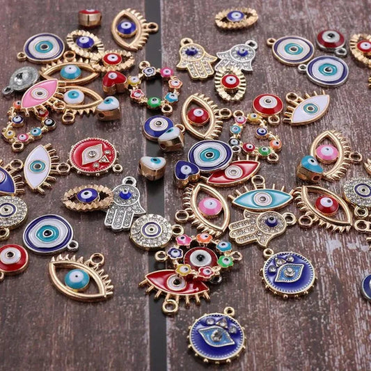 30Pcs Mix Alloy Colored Enamel Rhinestone Diamond Evil Eye Charms Jewelry Connectors for DIY Bracelet Necklace Jewerly