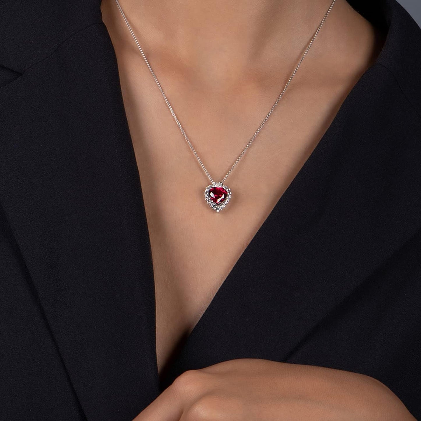 Created Ruby, Created Blue Sapphire, Created Opal, round Created White Sapphire and Natural White round Diamond Heart Necklace, October Birthstone Necklace, Christmas Gift