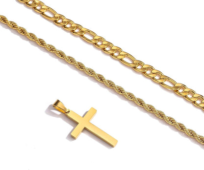 Layered Cross Necklace with Chain for Men Boys, Stainless Steel Cross Pendant Figaro Link Rope Chain 16-24 Inch Christian Religious Chriatmas Jewelry Gifts